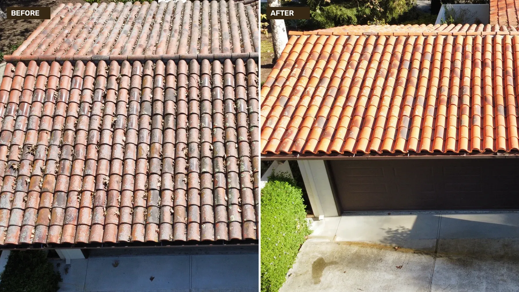 Side by side: clay tile garage roof before soft washing, dull and leaf-covered, and after, clean terracotta